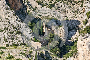 Church in Moustiers Sainte Marie village view in Provence