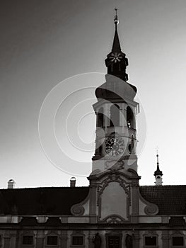 Church of the Nativity. Chapel against the sky. Monochrome