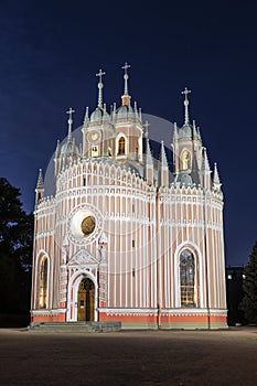 Church of the Nativity of St. John the Baptist Chesmenskaya at night in St. Petersburg,