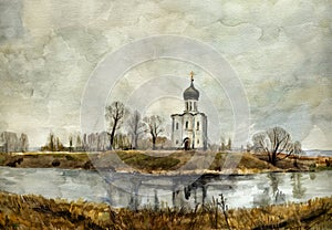 Church on the Nerl. Watercolor. photo