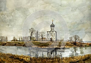 Church on the Nerl. Watercolor.