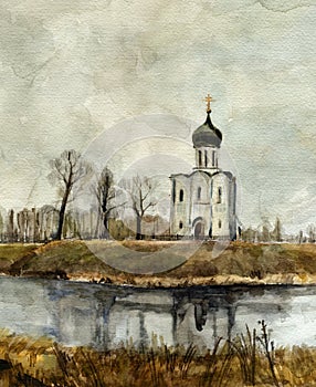 Church on the Nerl. Watercolor.