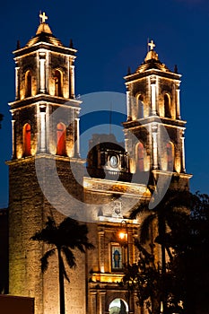 Church at night in Valladolid Mexico