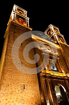 Church at night in Valladolid Mexico photo