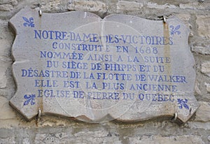 Church Notre Dame des Victoires plaque from Place Royale of Old Quebec City in Canada