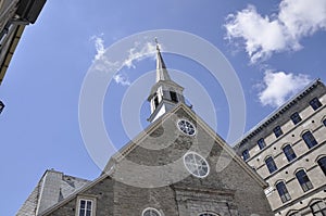 Church Notre Dame des Victoires tower from Place Royale of Old Quebec City in Canada