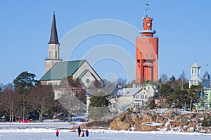 Church and old water tower, winter. Hanko, Finland