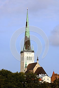 The church of Oleviste St. Olaf close up on a cloudy day, Tallinn, Estonia
