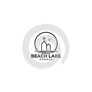 Church ont at the Sunset Beach Logo design with Mono Line Drawing style - Vector photo