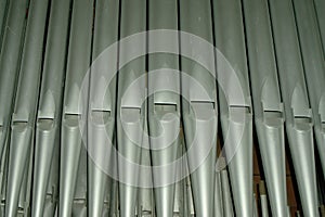 Church organ pipes close up.