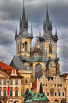 Church of Our Lady in front of Tyn and Jan Hus Statue in Prague