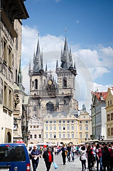 Church of our Lady in old town Square in sunny day in Prague, Czech Republic