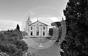 Church of Our Lady and a pillory in black and white
