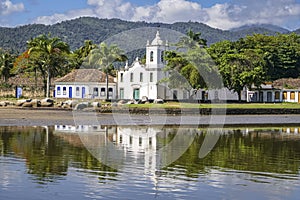 Church of Our Lady of Sorrows with mirror reflection, Paraty, Brazil