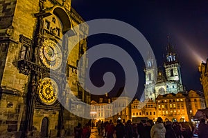 Church of Our Lady Before Tyn and Astronomical Clock at night