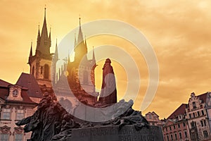 Church of Our Lady Tyn and Jan Hus statue from Old Town Square Staromestska Prague at sunset. Prague landmarks.