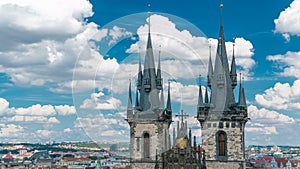 Church of our lady before Tyn timelapse in Prague, Czech republic. Gothic church in Prague Old town with beautiful