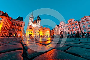 Church of Our Lady before Tyn Tyn Church in the Old Town square Stare Mesto at night. Prague, Czech Republic