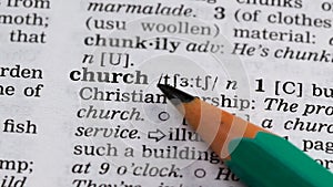 Church, pencil pointing definition, building and christianity faith institution