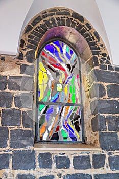 The Church of the Primacy of Saint Peter, Tabgha, Israel. Stained-glass window, fragment, details