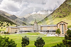 Church and public hiking base building in the catalan Pyrenees mountains. Famous recreation and