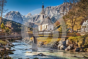 Church of Ramsau in fall, Berchtesgadener Land, Bavaria, Germany photo