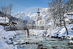 Church of Ramsau in winter, Berchtesgadener Land, Bavaria, Germany