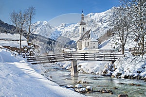 Church of Ramsau in winter, Berchtesgadener Land, Bavaria, Germany photo