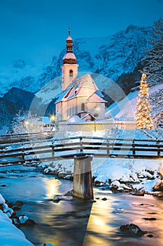 Church of Ramsau in winter twilight, Bavaria, Germany