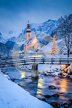 Church of Ramsau in winter twilight, Bavaria, Germany