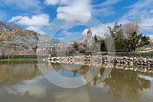 A church reflection on a lake