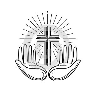 Church, religion logo. Bible, crucifixion, cross, prayer icon or symbol. Linear design, vector illustration