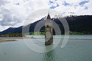 Church at Reschensee Lago di Resia in north italy