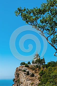 Church of the Resurrection of Christ in Foros, Crimea. Stunning view of the temple on a sheer cliff above the sea