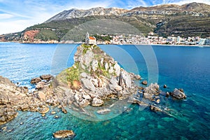 Church on the rock on Katic islet in Petrovac aerial view photo