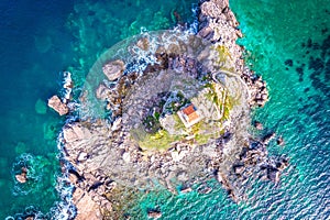 Church on the rock on Katic islet in Petrovac aerial view photo