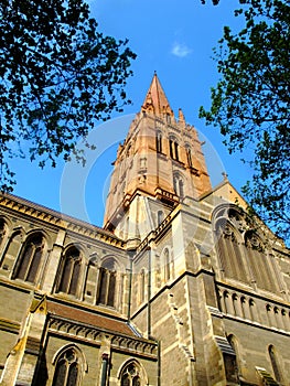 Church roof on street of MELBOURNE, AUSTRALIA have blue sky background and shadow of branch tree