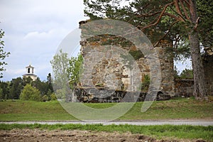 Church ruin and new church in Sunne in Jamtland County, Sweden
