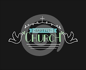 Church s logo with hand lettering and cross and pigeons.