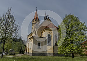 Church of saint Antonin Paduansky in Dolni Becva village in spring color day