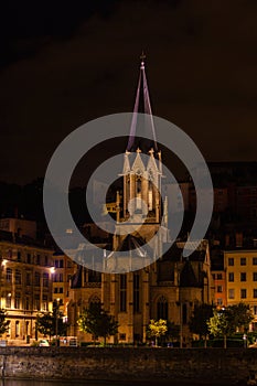 The Church Saint George in Lyon, France at night