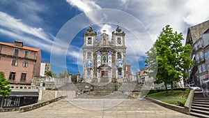 Church of Saint Ildefonso timelapse , covered with typical Portuguese tiles called Azulejos in Porto, Portugal.