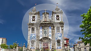 Church of Saint Ildefonso timelapse hyperlapse, covered with typical Portuguese tiles called Azulejos in Porto, Portugal