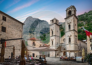 Church of Saint Tripuna in the old town of Kotor.Montenegro. Evening view of the Cathedral of Saint Tryphon with surrounding