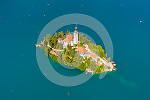 Slovenia - Aerial view resort Lake Bled. Aerial FPV drone photography