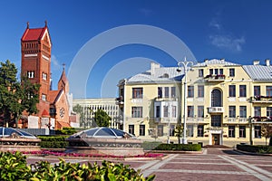 Church Of Saints Simon And Helen or Red Church At Independence Square In Minsk, Belarus.