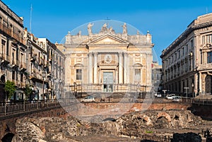 The church of San Biagio, known also as Sant`Agata alla Fornace, in Catania; in the foreground a glimpse of the roman amphitheatre