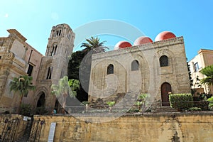 Church of San Cataldo with three red domes annexed to Santa Maria dell`Ammiraglio church, Palermo, Italy photo