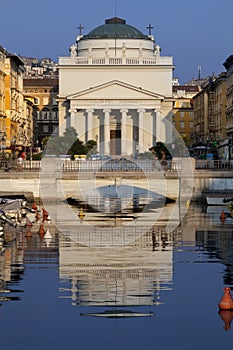 Church of Sant Antonio Nuovo with reflection on the river, Trieste in Italy