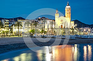 Church of Sant Bertomeu and Santa Tecla in Sitges by Night .Costa Brava, Spain.